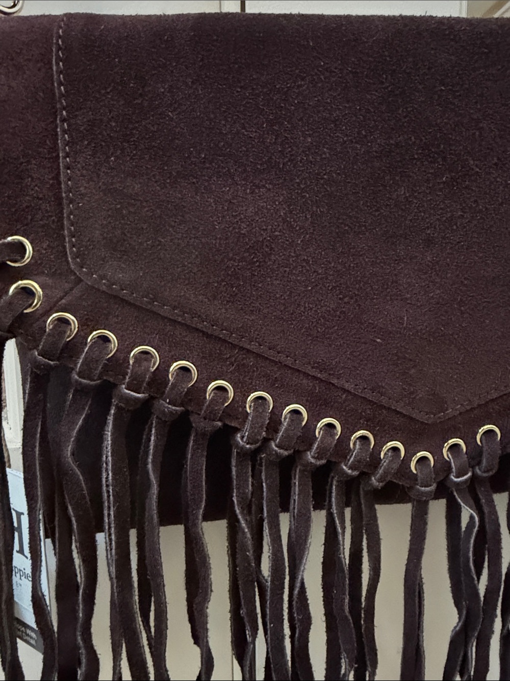 Haute Hippie Women’s Dark Brown Genuine Suede Grommet Fringe Flap Crossbody Bag - Picture 5 of 10